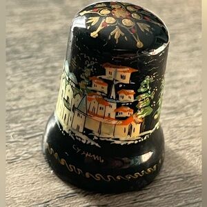 Vintage Hand-Painted Black wood and Gold Thimble with Village Scene - russian ?